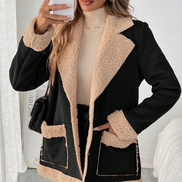 Black Casual Women's Fluffy Colorblock Warm Jacket - Picture 2 of 8